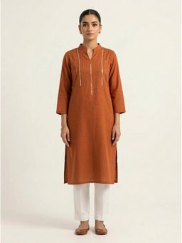 Bcz Style - Women Rust Cotton Embroidered Straight Kurta