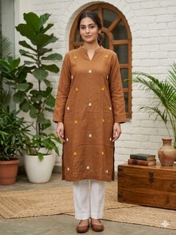Bcz Style - Women Brown Cotton Embroidered Straight Kurta