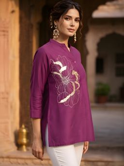 Dora Dori - Purple Chanderi Embroidered Top