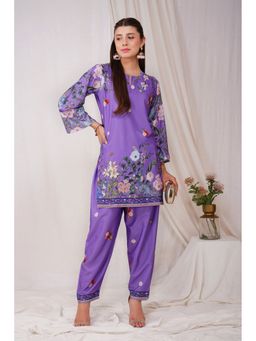 HOUSE OF KARI - Women Purple Polyester Floral Tunic with Pant