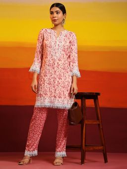 HOUSE OF KARI - Women Pink Cotton Embroidered Tunic with Pant