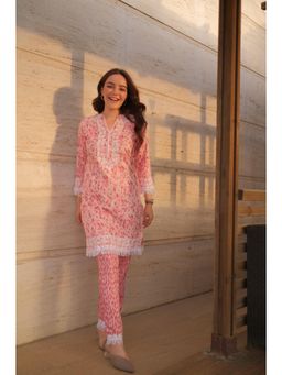 HOUSE OF KARI - Women Pink Cotton Embroidered Tunic with Pant