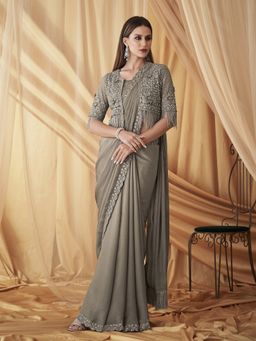 Trendmalls - Grey Saree with Unstitched Blouse