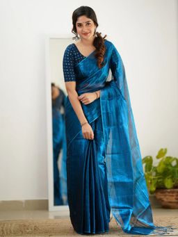 Trendmalls - Blue Saree with Unstitched Blouse