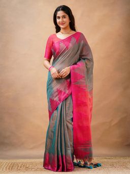Trendmalls - Grey Saree with Unstitched Blouse