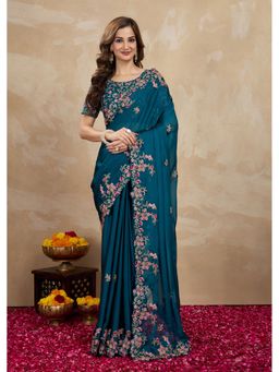 Trendmalls - Teal Saree with Unstitched Blouse