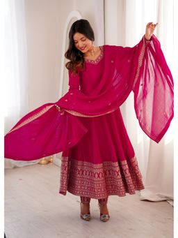 FAST FASHIONS - Pink Embroidered Anarkali Kurt and Pant with Dupatta
