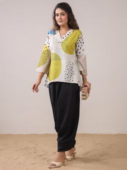 SPAN - Women White Rayon Abstract Top with Dhoti Pant