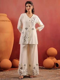 SPAN - Women White Silk Embroidered Kurta with Palazzo Co-Ord Set