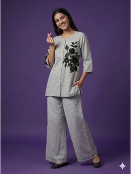 SPAN - Women Grey Cotton Embroidered Top with Palazzo Co-Ord Set