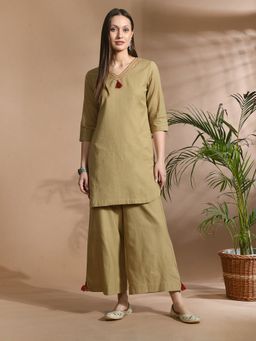 Aayusika - Women Beige Cotton Flex Solid Co-ord Set