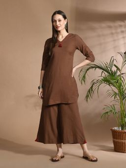 Aayusika - Women Brown Cotton Flex Solid Co-ord Set