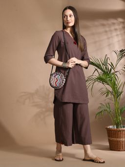 Aayusika - Women Brown Cotton Flex Solid Co-ord Set