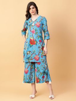 Aayusika - Women Blue Cotton Floral Co-ord Set