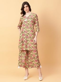 Aayusika - Women Beige Cotton Floral Co-ord Set