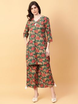 Aayusika - Women Green Cotton Floral Co-ord Set