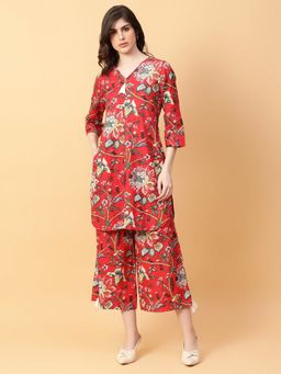 Aayusika - Women Red Cotton Floral Co-ord Set