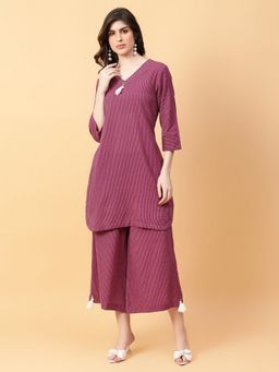 Aayusika - Women Purple Cotton Embroidered Co-ord Set