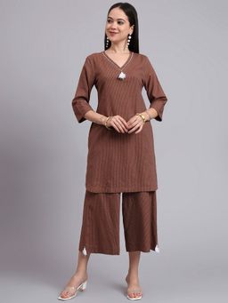 Aayusika - Women Brown Cotton Embroidered Co-ord Set