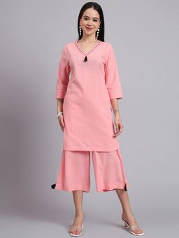 Aayusika - Women Pink Cotton Embroidered Co-ord Set