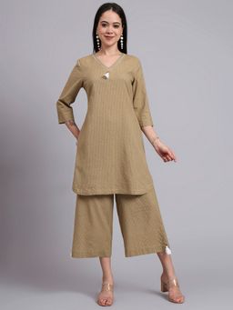 Aayusika - Women Khaki Cotton Embroidered Co-ord Set