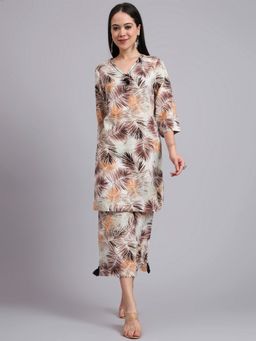 Aayusika - Women Cream Cotton Floral Co-ord Set
