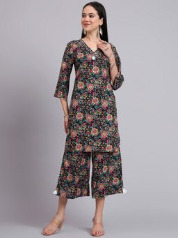 Aayusika - Women Black Cotton Floral Co-ord Set