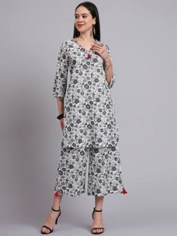 Aayusika - Women Cream Cotton Floral Kurta with Palazzo