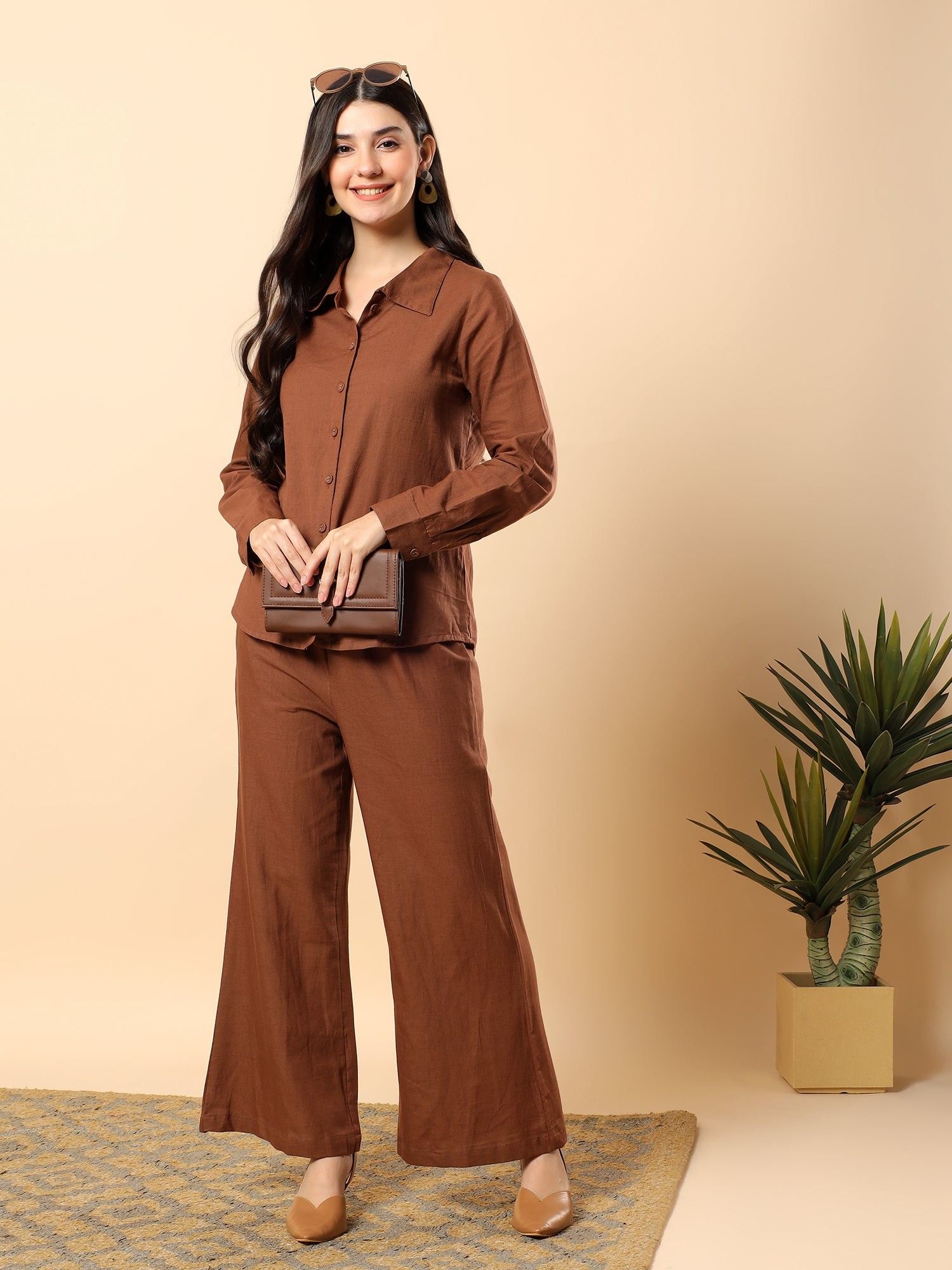 aayusika Women Brown Cotton Flex Solid Co-Ord Set-picture-31