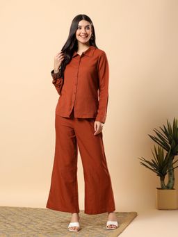 Aayusika - Women Brown Cotton Flex Solid Co-Ord Set