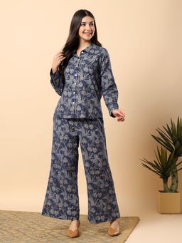 Aayusika - Women Blue Cotton Flex Floral Co-Ord Set