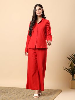 Aayusika - Women Red Cotton Flex Solid Co-Ord Set
