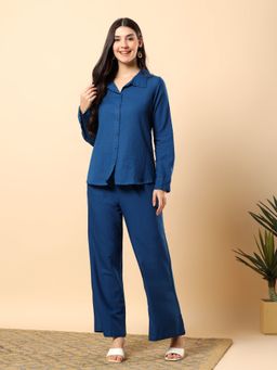 Aayusika - Women Blue Cotton Flex Solid Co-Ord Set