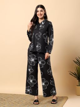 Aayusika - Women Black Cotton Flex Floral Co-Ord Set