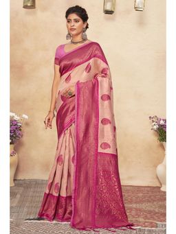 Sangam Prints - Light Pink Cotton Woven Zari Work Traditional Tassel Saree with Unstitched Blouse