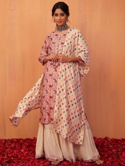 Indya - Ivory Paisley Print Cotton Straight Kurta with Sharara and Dupatta (Set of 3)