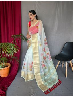 EXCLUSIVA - White Organza Pichwai Print Saree with Unstitched