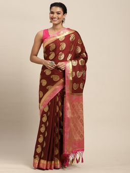 Mimosa - Women's Kanjivaram Crepe Maroon Saree with Unstitched Blouse