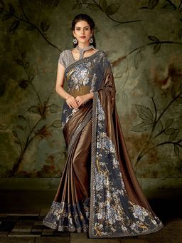Odette - Brown Lycra Designer Saree with Unstitched Blouse