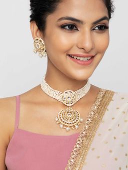 Indya - Gold White Circular Multi Pearl Bead Drop Earring and Necklace (Set of 2)