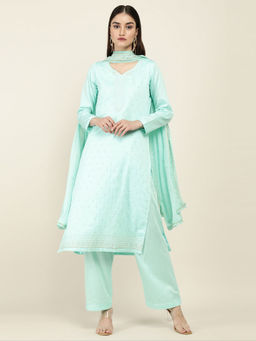 Soch - Teal Machine Embroidery Cotton Unstitched Dress Material ( Set of 3 )