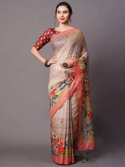 Odette - Cream Festive Linen Blend Printed Saree with Unstitched Blouse