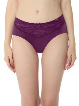 Amante - Solid Mid Rise Three-Fourth Coverage Elegant Lace Hipster Panty- Purple