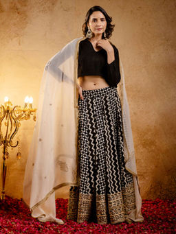 EKOHUM - Womens Black Embroidered Lehenga with Stitched Blouse and Dupatta