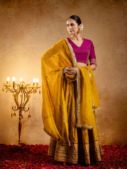 EKOHUM - Womens Yellow Embroidered Lehenga with Stitched Blouse and Dupatta
