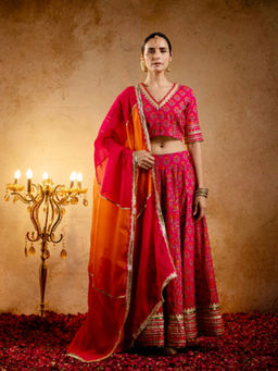 EKOHUM - Womens Pink Printed Lehenga with Stitched Blouse and Dupatta