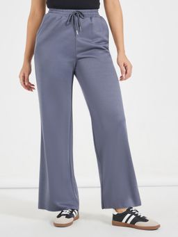 Styli - Womens Grey Solid High Rise Wide Leg Full Length Trouser