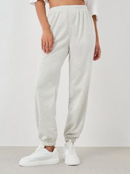 Styli - Womens Cream Solid Mid Rise Joggers