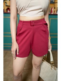 MLADA - Womens Wine Side Pockets Solid Mid Rise Regular Fit Belted Shorts