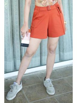MLADA - Womens Rust Side Pockets Solid Mid Rise Regular Fit Belted Shorts